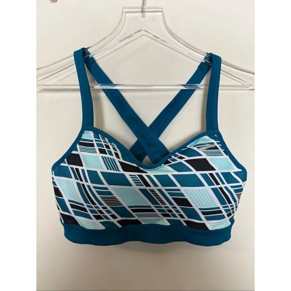 Brooks Uprise Crossback Sports Bra Ocean Blue Geometric Print Medium Impact Size